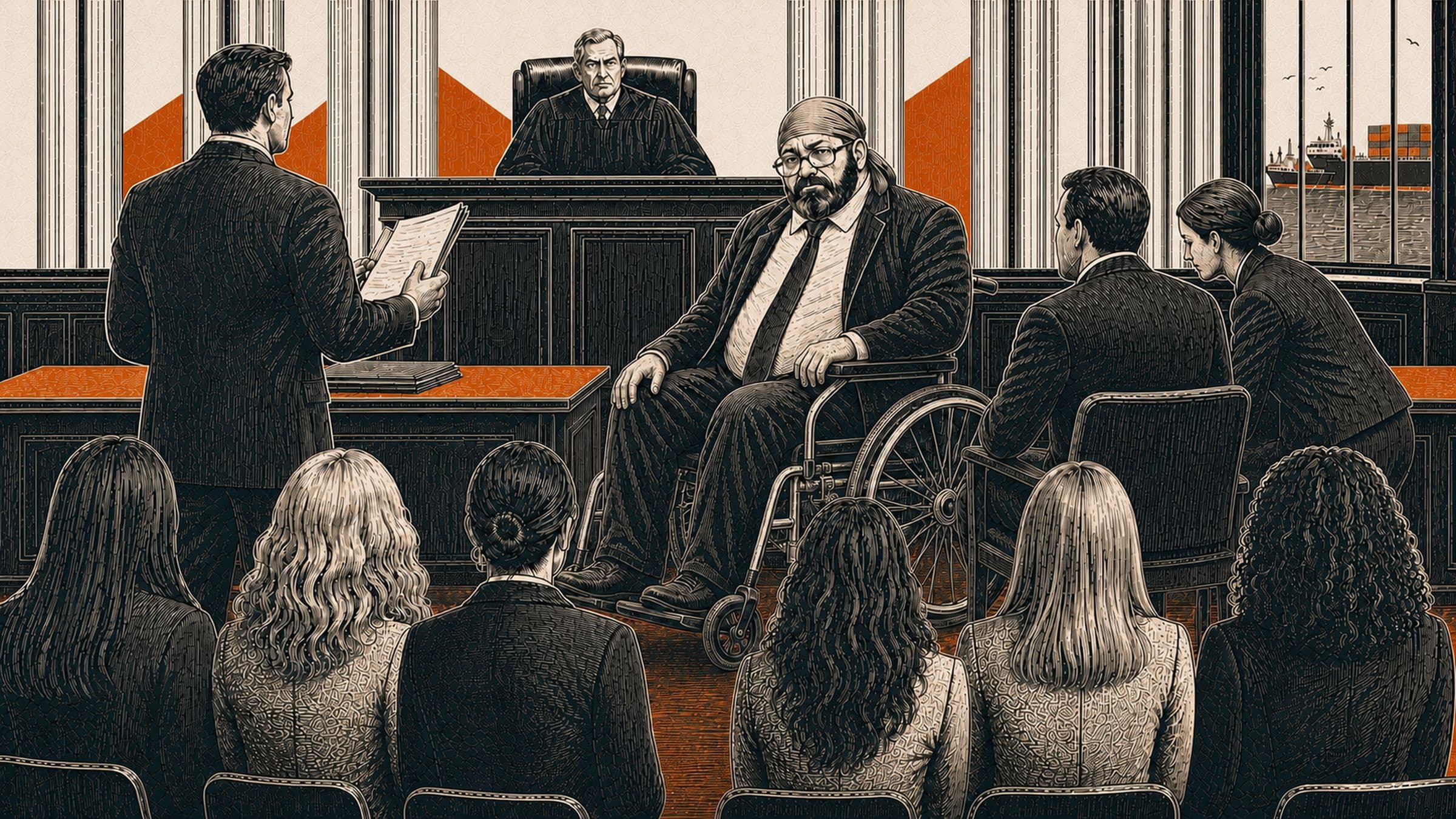 Editorial illustration of John Merrone seated in a wheelchair in federal court, with six women facing the courtroom and a cargo ship visible through the windows.
