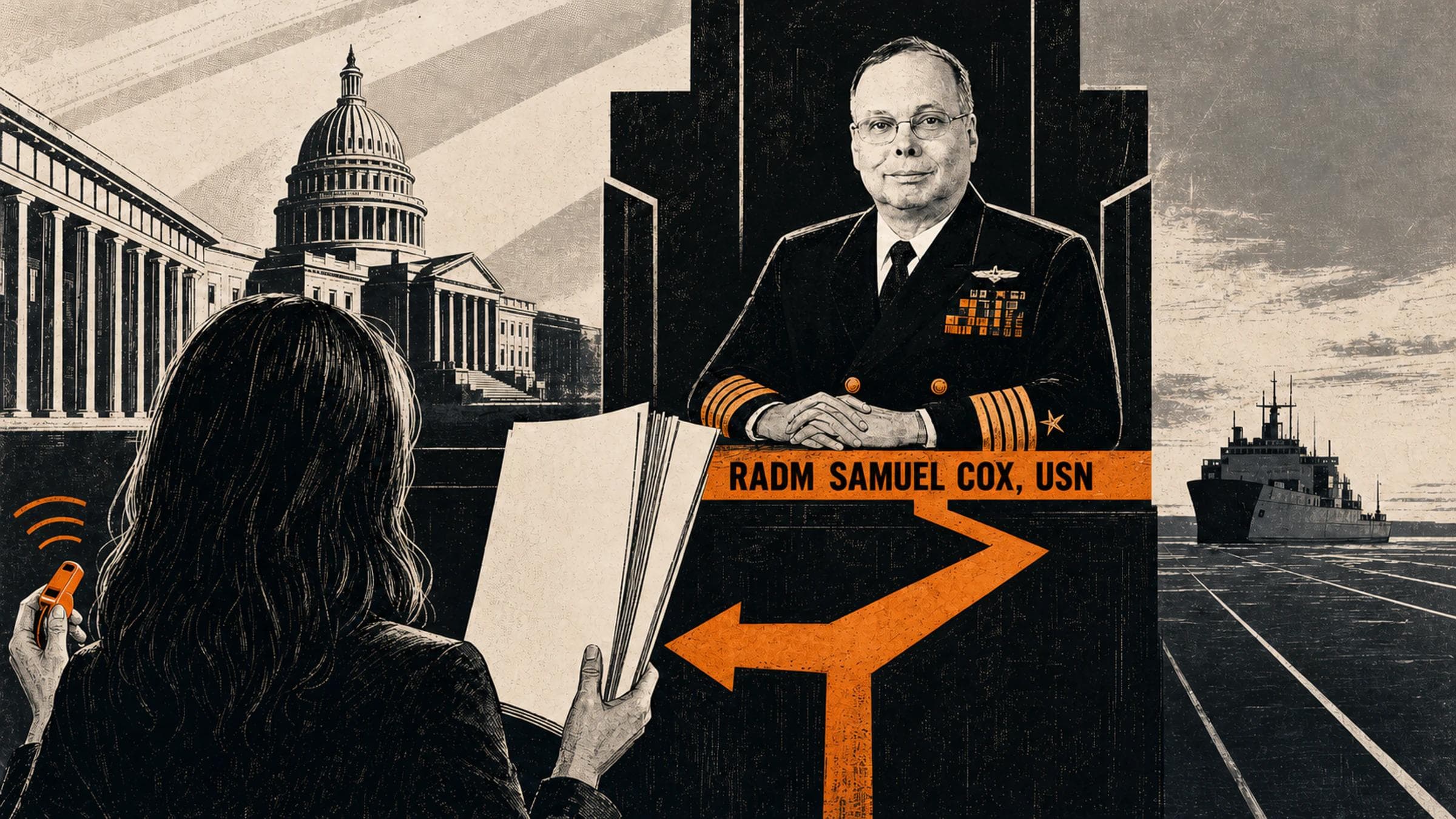 Illustration of Kathryn Denise Rucker Krepp holding documents before the U.S. Capitol, facing retired Rear Admiral Samuel Cox, with a Navy ship at right.