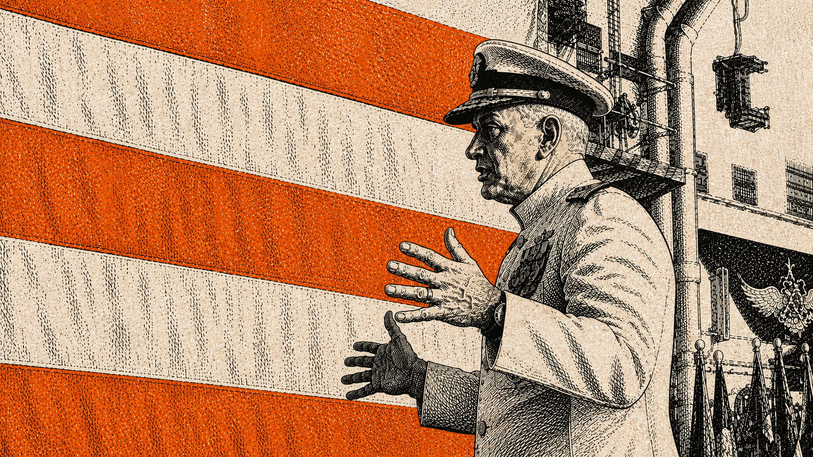 Print-style illustration of Rear Adm. Philip Sobeck beside a Military Sealift Command ship.