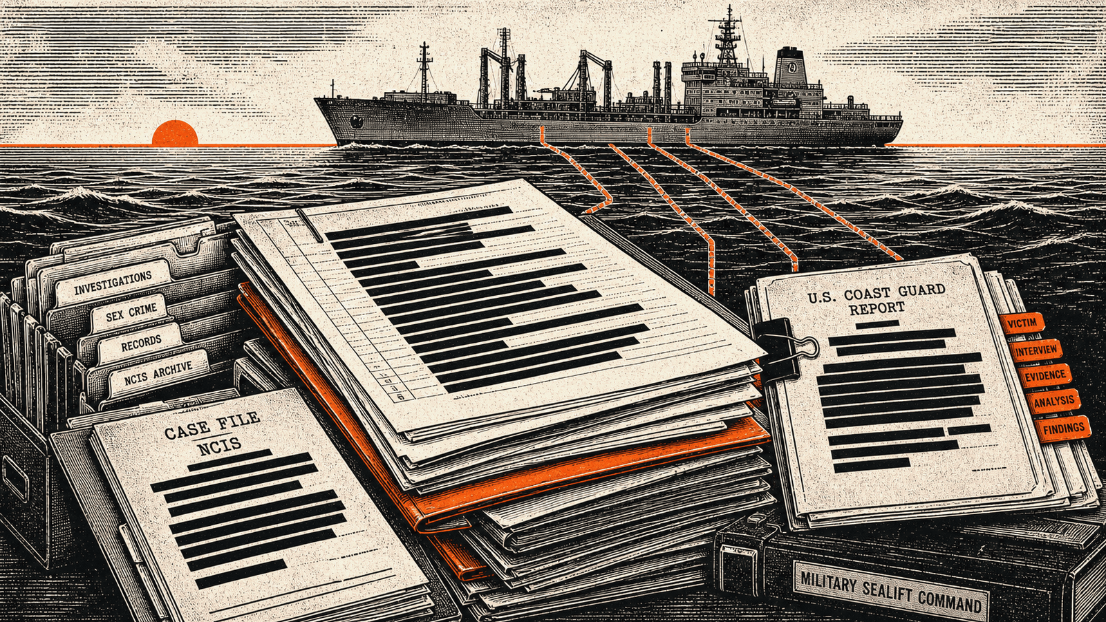 Engraving-style image of redacted maritime investigation files linked by signal-orange trace lines to a Military Sealift Command-style vessel.