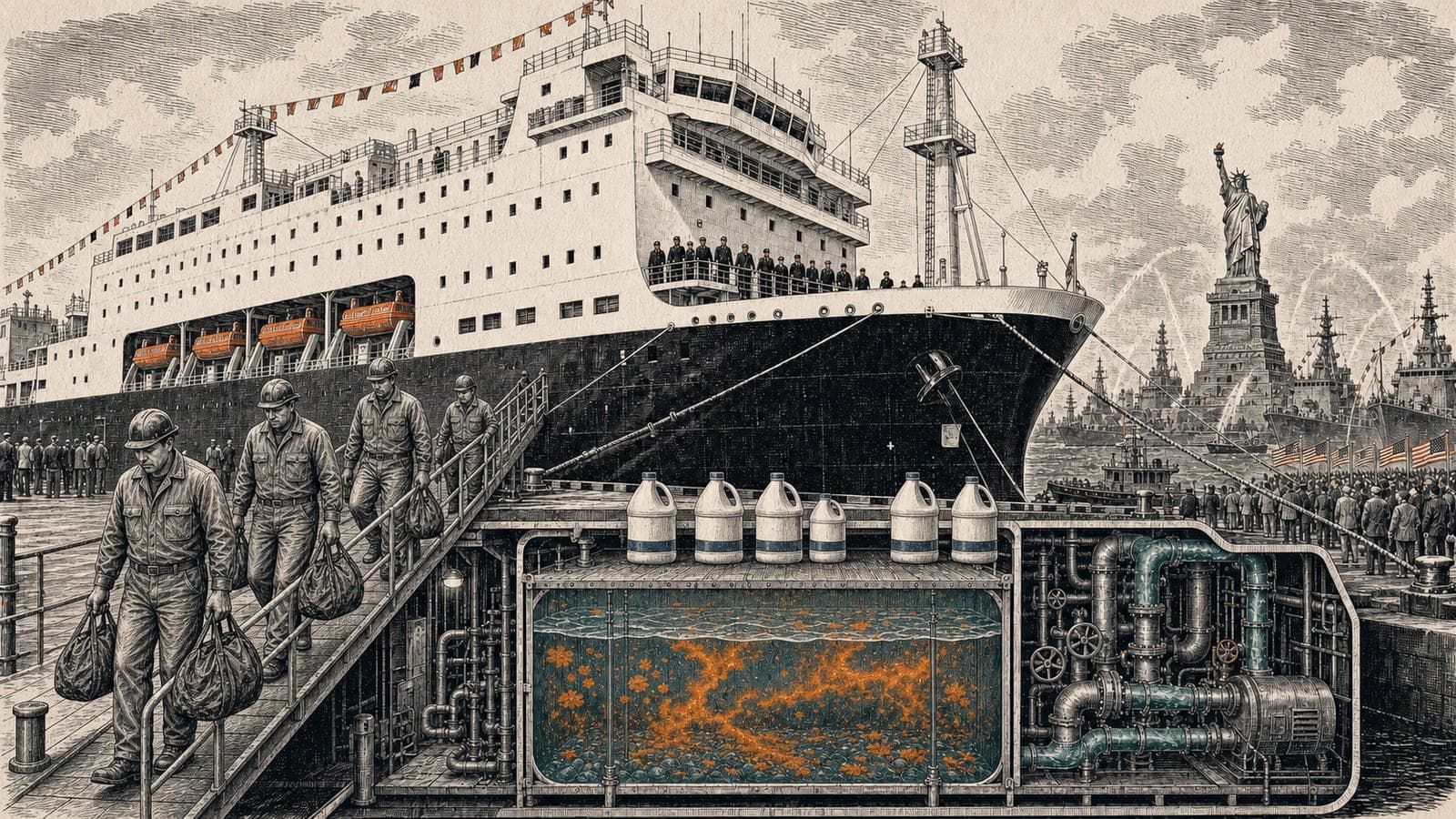 Editorial illustration of licensed engineers walking off a training ship beside a cutaway view of contaminated shipboard water tanks.