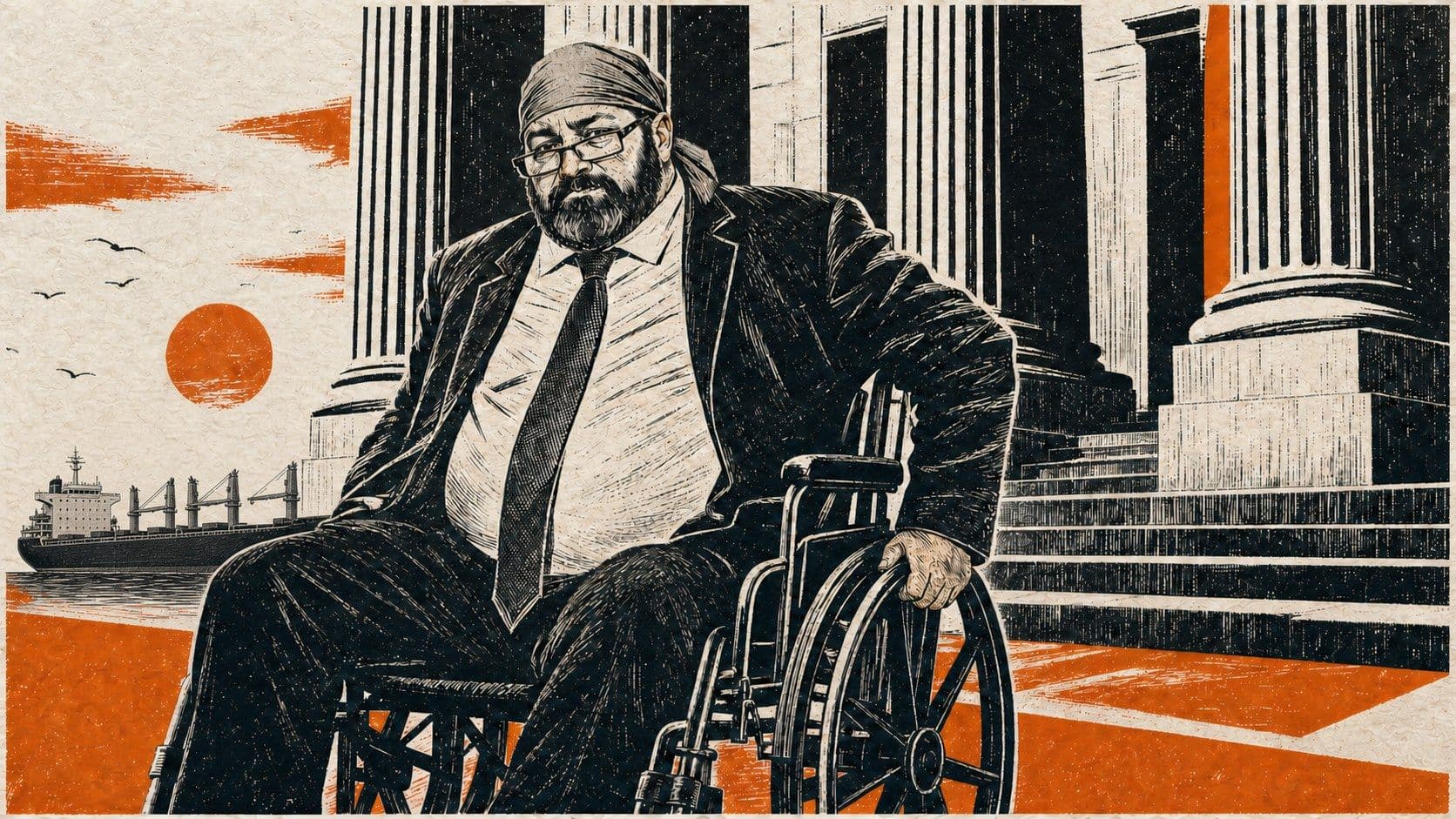 Editorial illustration of former ship captain John Merrone in a wheelchair outside a federal courthouse, with a cargo ship in the background.
